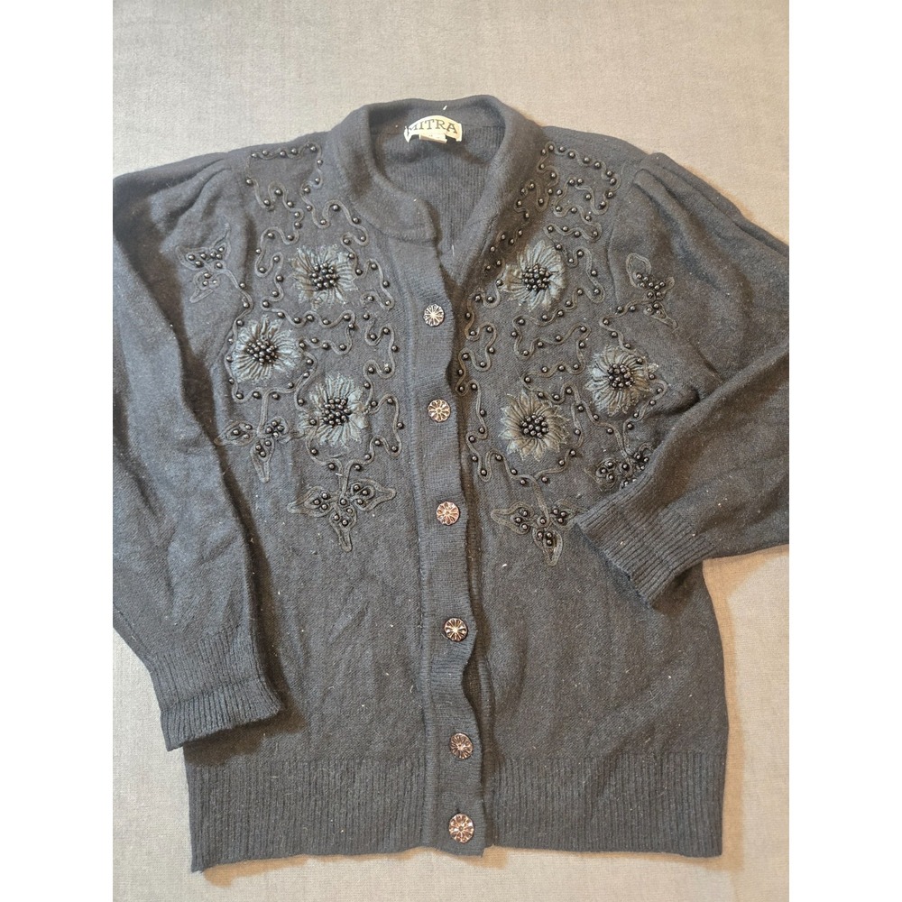 Mitra Women's Black Angora Cardigan Sweater Beaded Floral Embroidered Button Up